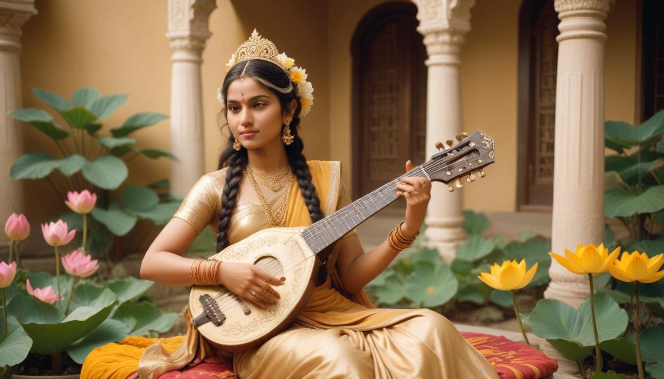 In this beautifull picture of Saraswati ji, there is a veena in her hand.