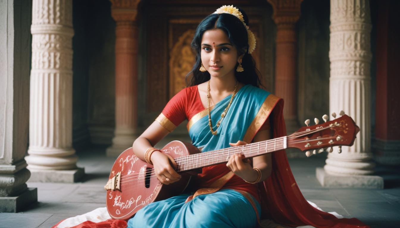 In this beautifull picture of Saraswati ji, there is a veena in her hand.