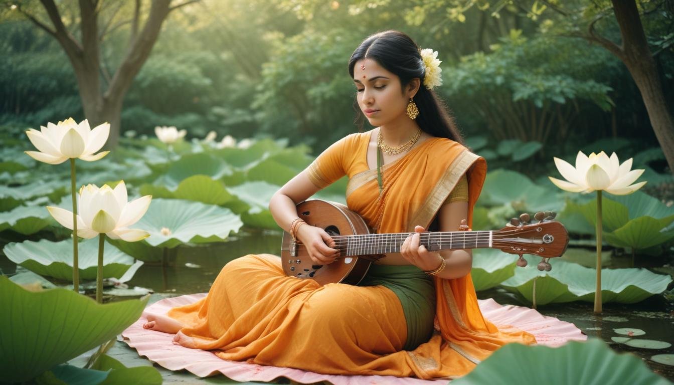 In this beautifull picture of Saraswati ji, there is a veena in her hand and devi saraswati is seat on lotus.