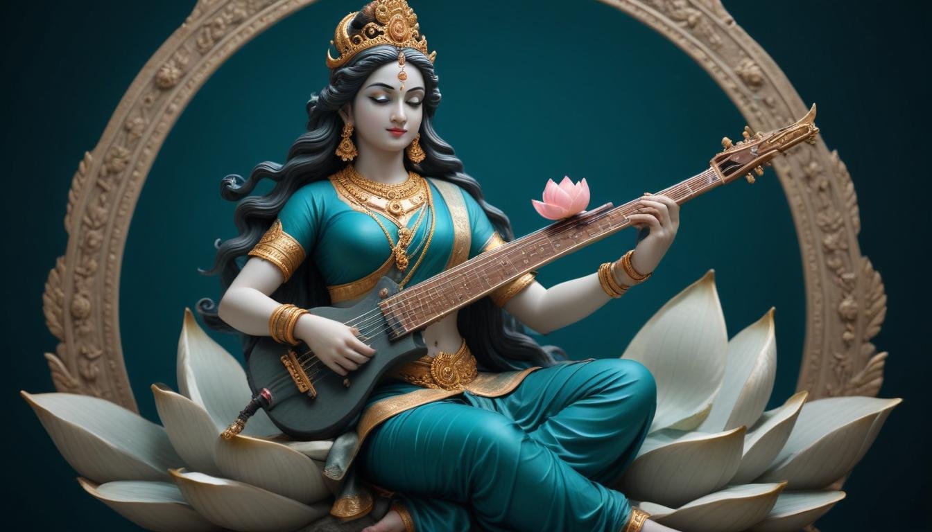 In this beautifull picture of Saraswati ji, there is a veena in her hand and devi saraswati is seat on lotus.