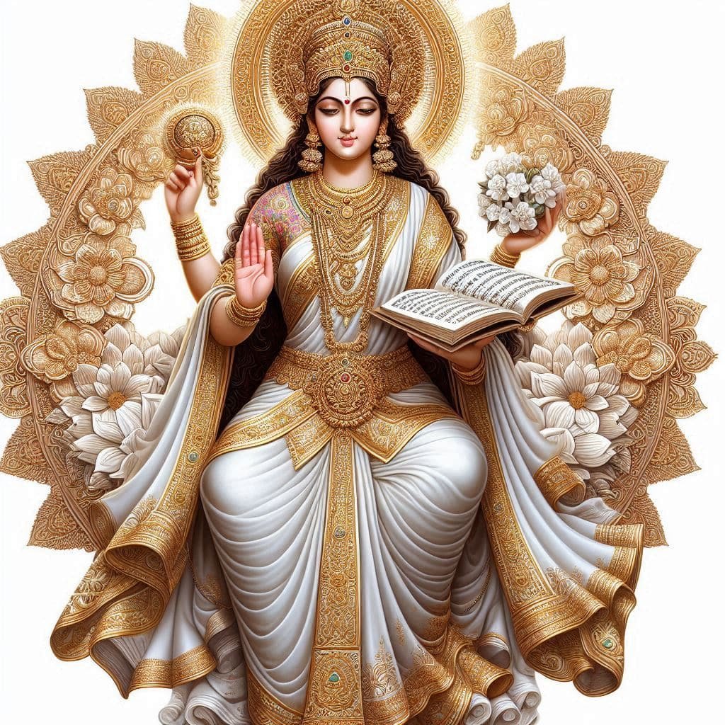 In this photo of Saraswati ji, there is a book and flower in her hand.