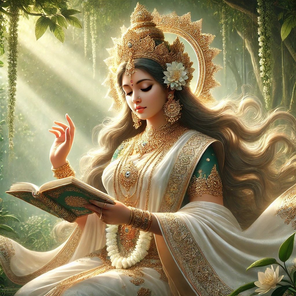 In this photo of Saraswati ji, there is a book in her hand.