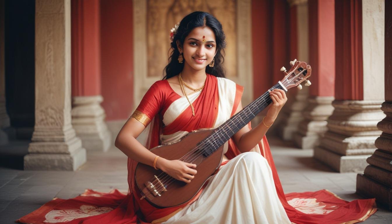 In this beautifull picture of Saraswati ji, there is a veena in her hand.