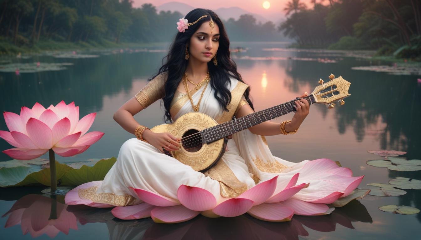 In this beautifull picture of Saraswati ji, there is a veena in her hand and devi saraswati is seat on lotus.