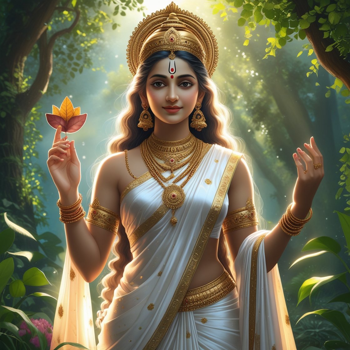 In this photo of Saraswati ji, there is a leaf in her hand.