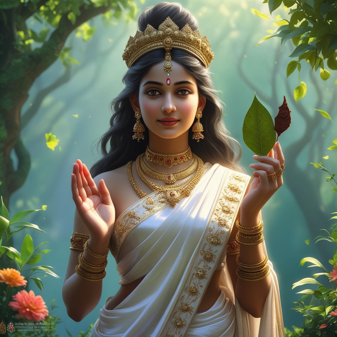 In this photo of Saraswati ji, there is a leaf in her hand.