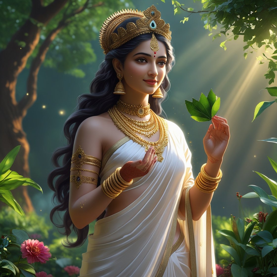In this photo of Saraswati ji, there is a leaf in her hand.