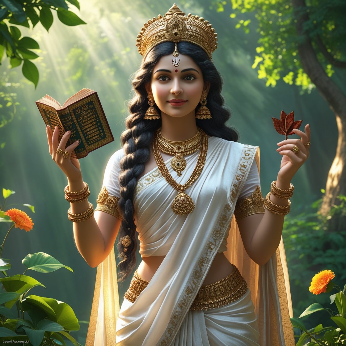 In this photo of Saraswati ji, there is a book and leaf in her hand.