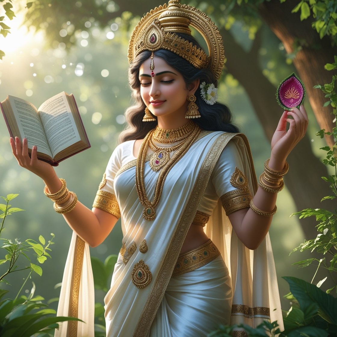 In this beautifull picture of Saraswati ji, there is a book and a leaf in her hand.