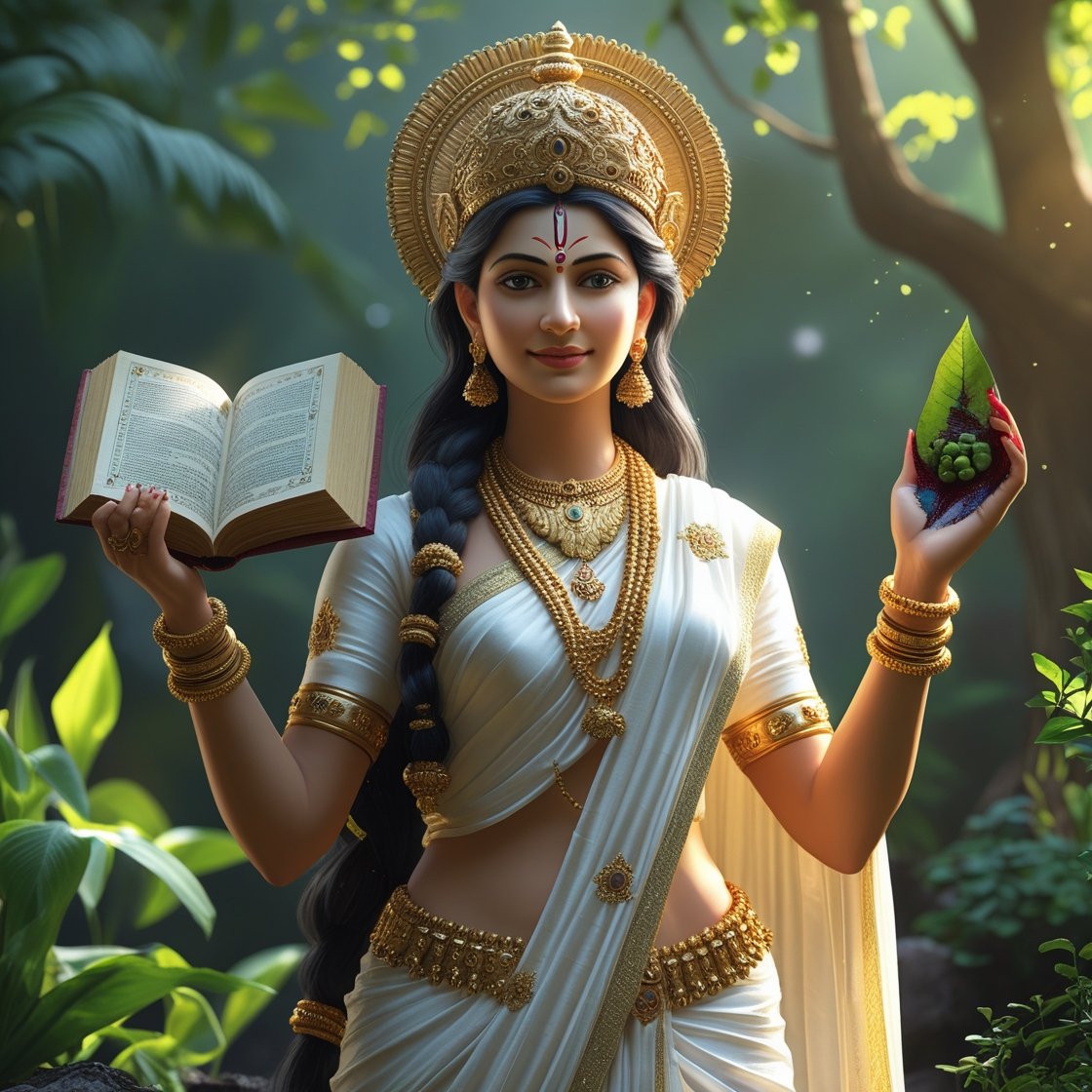 In this beautifull picture of Saraswati ji, there is a book and a leaf in her hand.