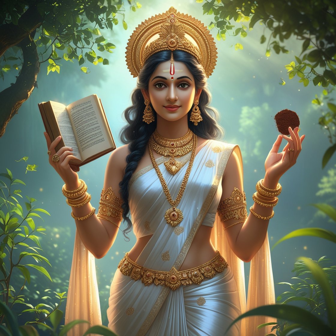 In this beautifull picture of Saraswati ji, there is a book and a leaf in her hand.