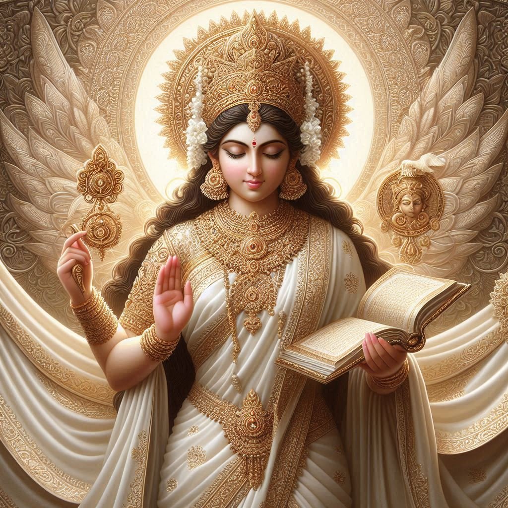 In this photo of Saraswati ji, there is a book in her hand.