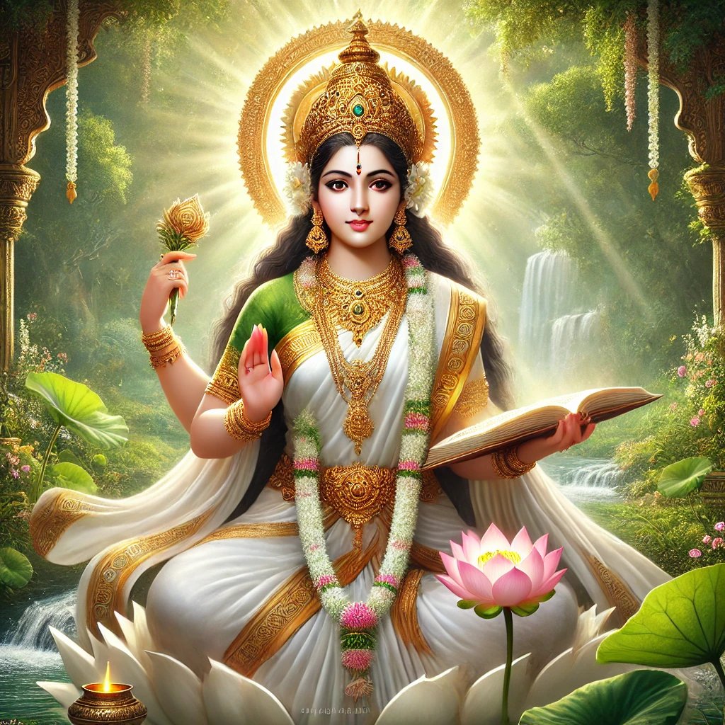 In this photo of Saraswati ji, there is a lotus flower and a book in her hand.