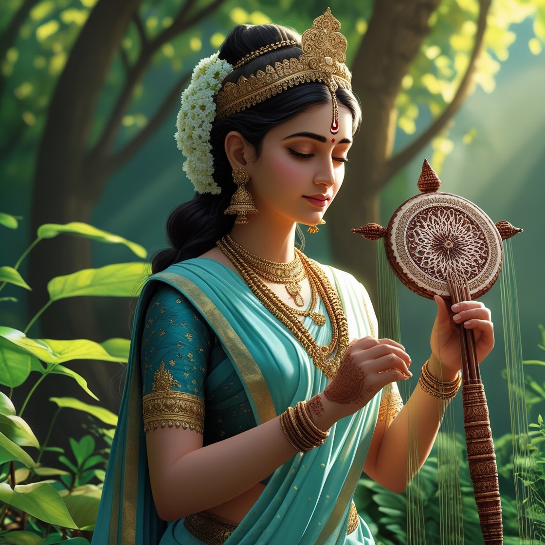 In this beautifull picture of Saraswati ji, there is a veena in her hand.