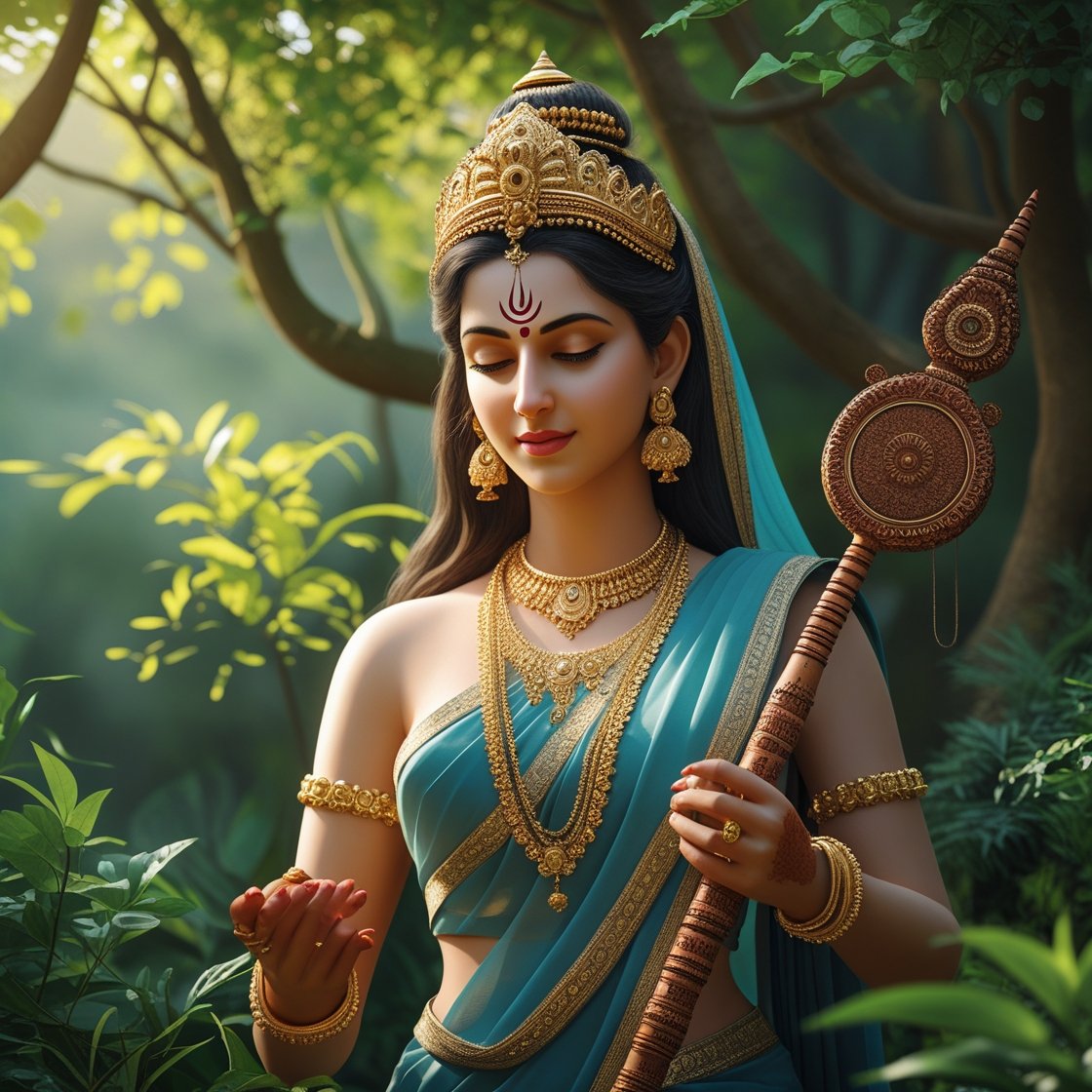 In this beautifull picture of Saraswati ji, there is a veena in her hand.