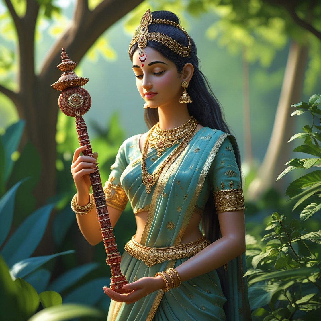 In this beautifull picture of Saraswati ji, there is a veena in her hand.