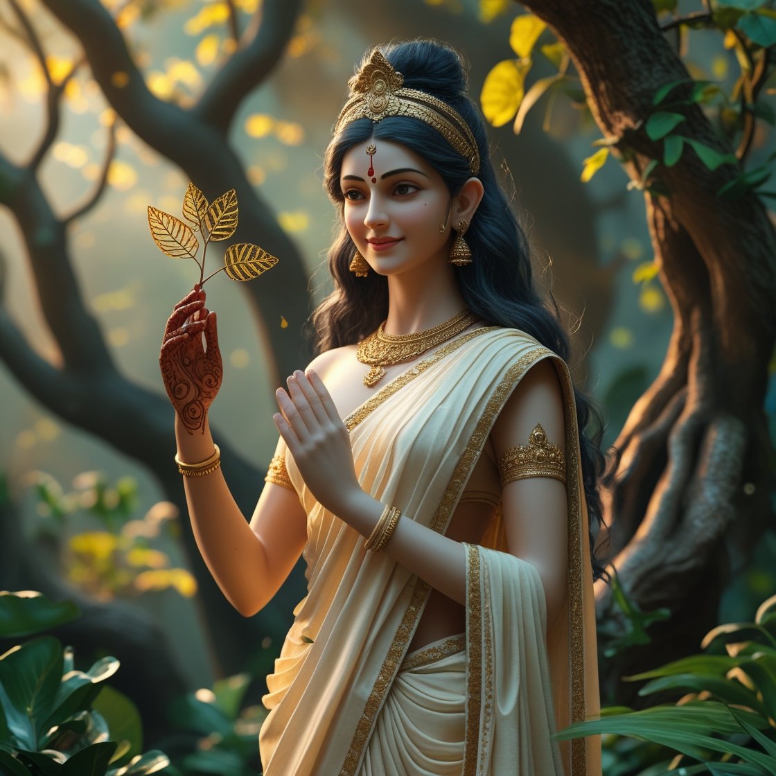 In this beautifull picture of Saraswati ji, there is a leaf in her hand.