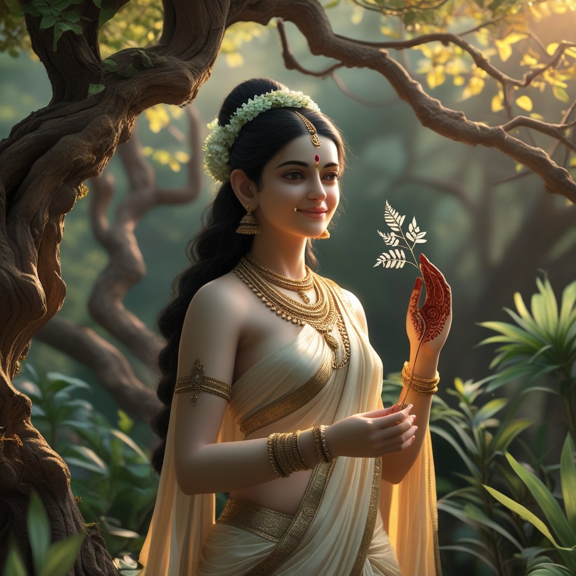 In this beautifull picture of Saraswati ji, there is a leaf in her hand.