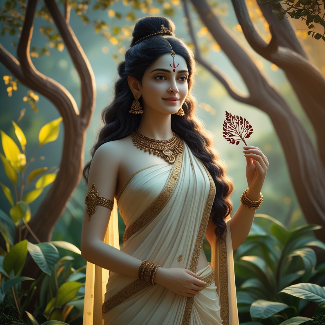 In this beautifull picture of Saraswati ji, there is a leaf in her hand.