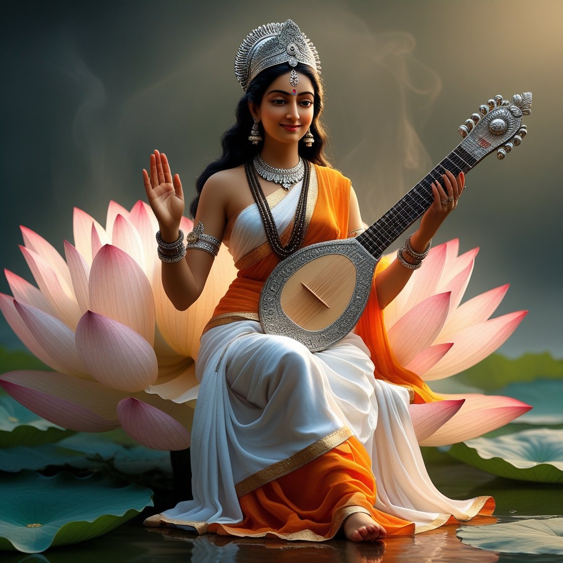 In this photo of Saraswati ji, there is a veena in her hand and devi saraswati is seat on lotus flower.