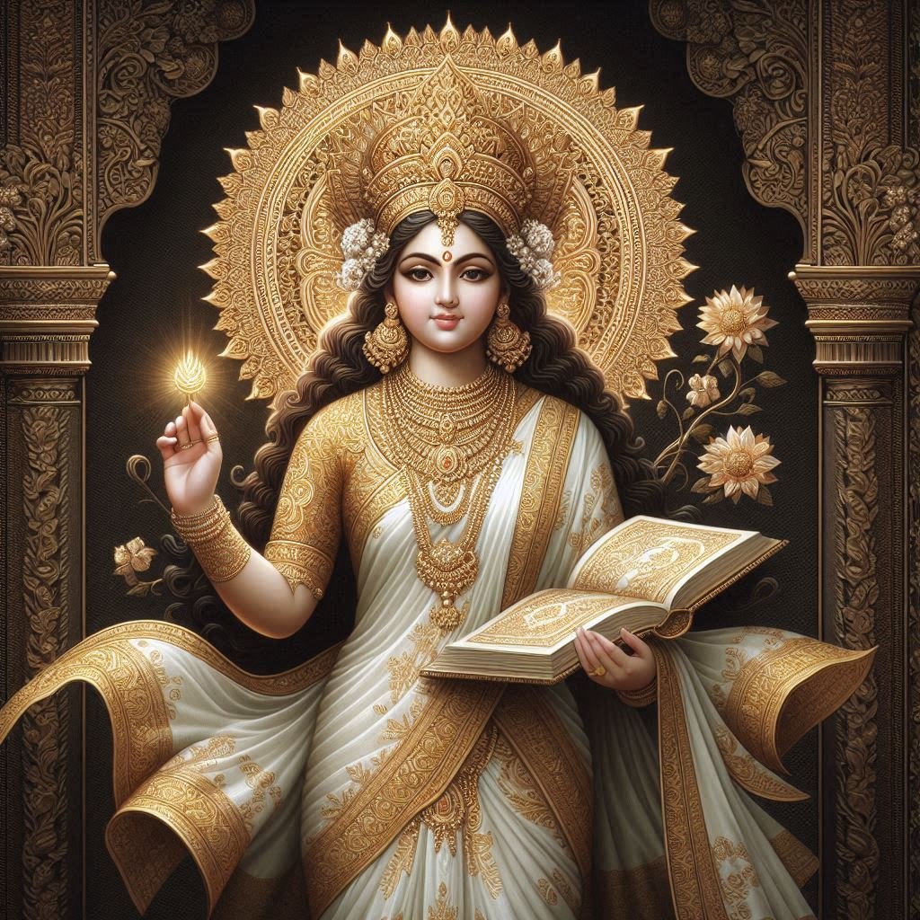 In this beautifull photo of Saraswati ji, there is a book in her hand.