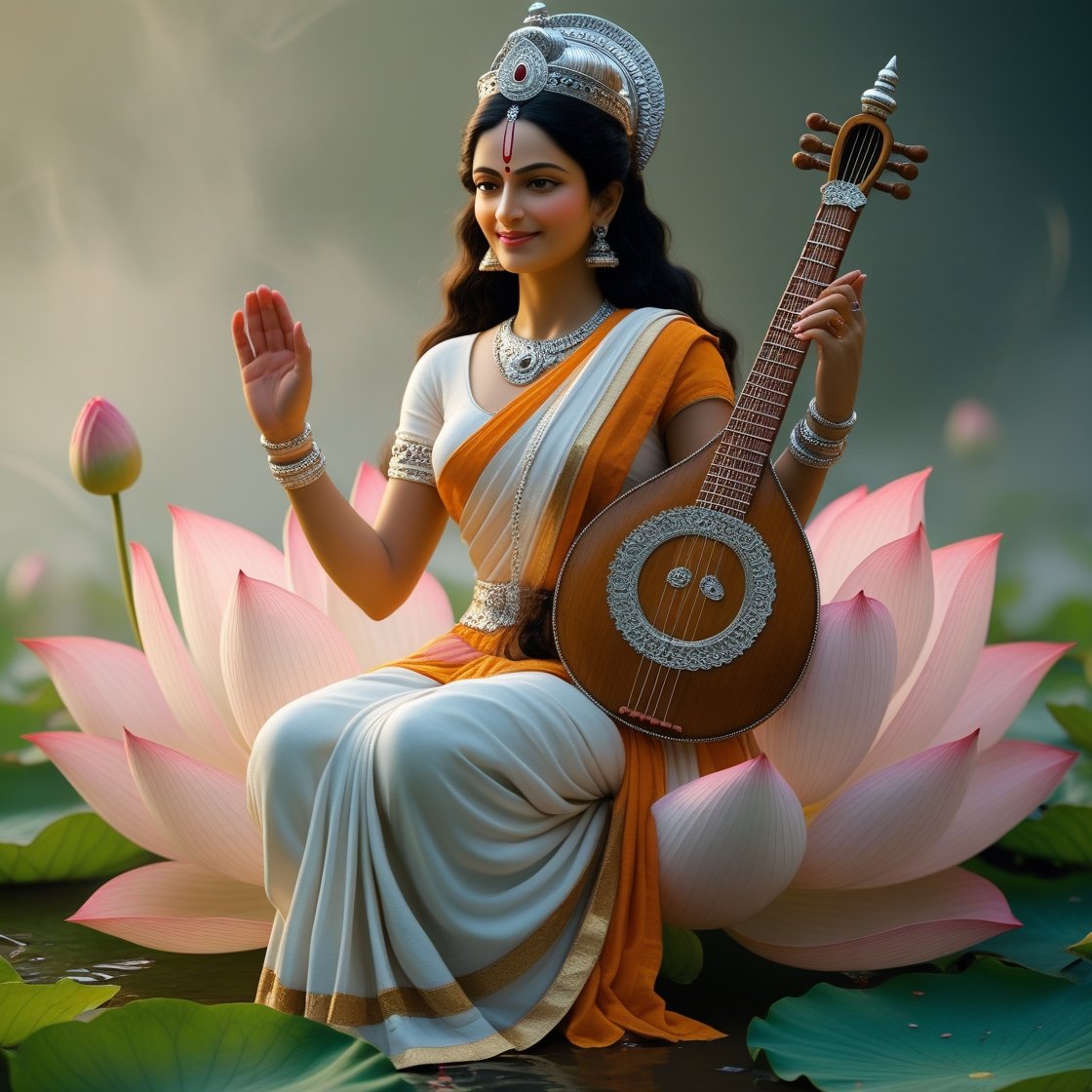 In this photo of Saraswati ji, there is a veena in her hand and devi saraswati is seat on lotus.