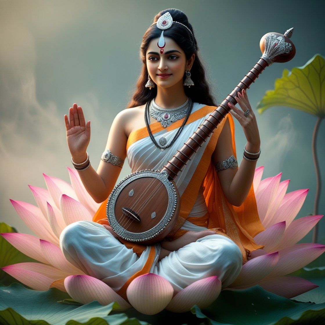 In this photo of Saraswati ji, there is a veena in her hand and devi saraswati is seat on lotus.