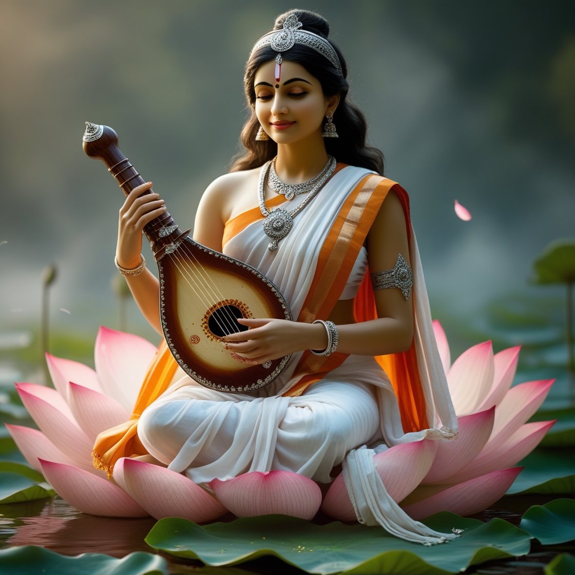In this photo of Saraswati ji, there is a veena in her hand and devi saraswati is seat on lotus.