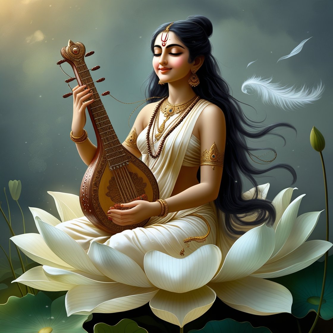 In this photo of Saraswati ji, there is a veena in her hand and devi saraswati is seat on lotus.