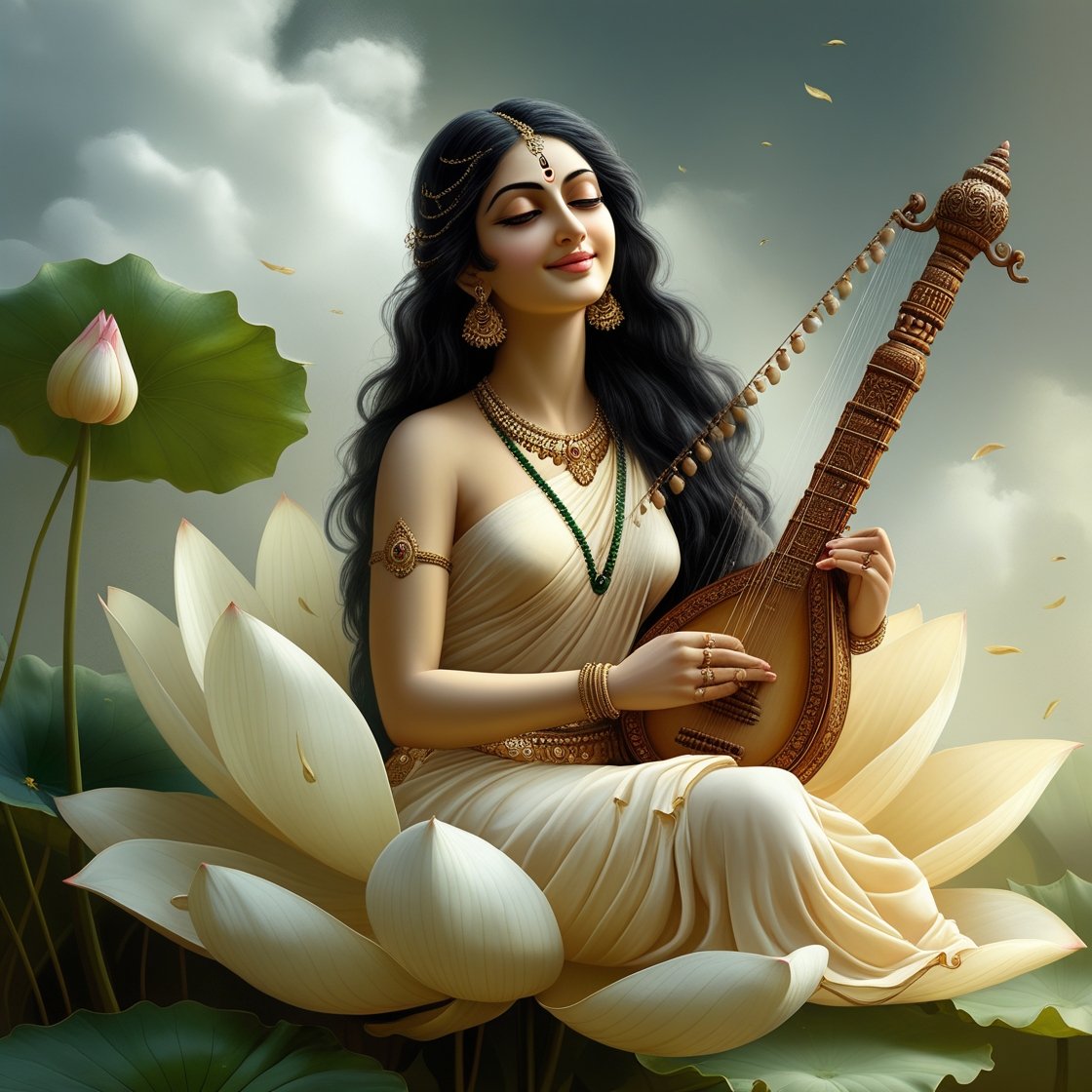 In this beautifull photo of Saraswati ji, there is a veena in her hand and devi saraswati is seat on lotus.