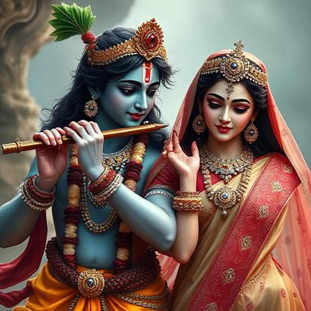 “Radha Krishna in divine attire, standing gracefully with Krishna playing the flute and Radha smiling with love – a serene glimpse of devotion.”