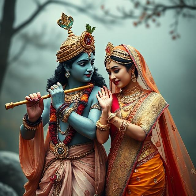 “Divine Radha Krishna HD image showing Krishna playing the flute while Radha stands beside him in a spiritual, peaceful posture.”