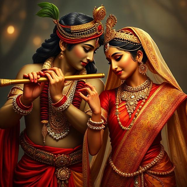 30+ Radha Krishna Photo Love 1 “Radha Krishna in divine attire, standing gracefully with Krishna playing the flute and Radha smiling with love – a serene glimpse of devotion.”