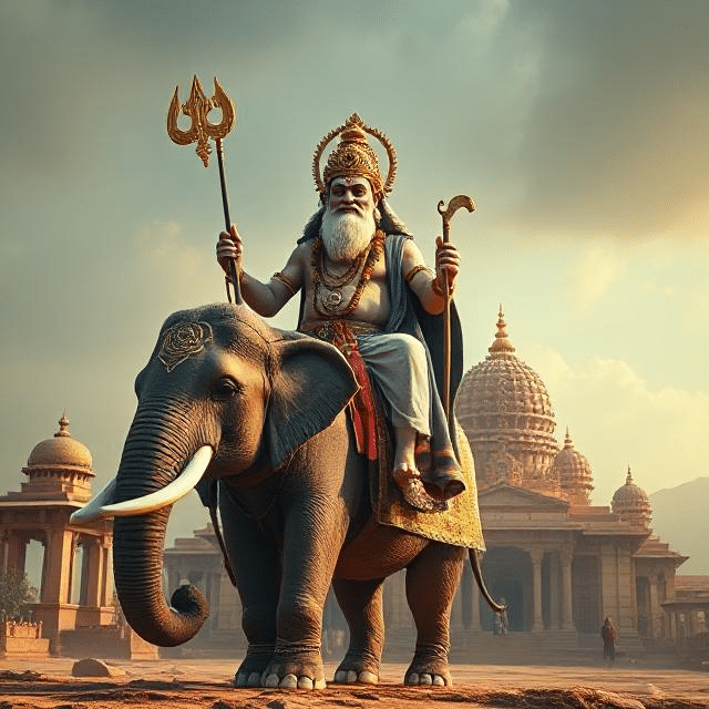 In this photo, Brihaspati Dev is sitting on his vehicle elephant. He has a weapon in his hand and divine energy is emanating from his face.