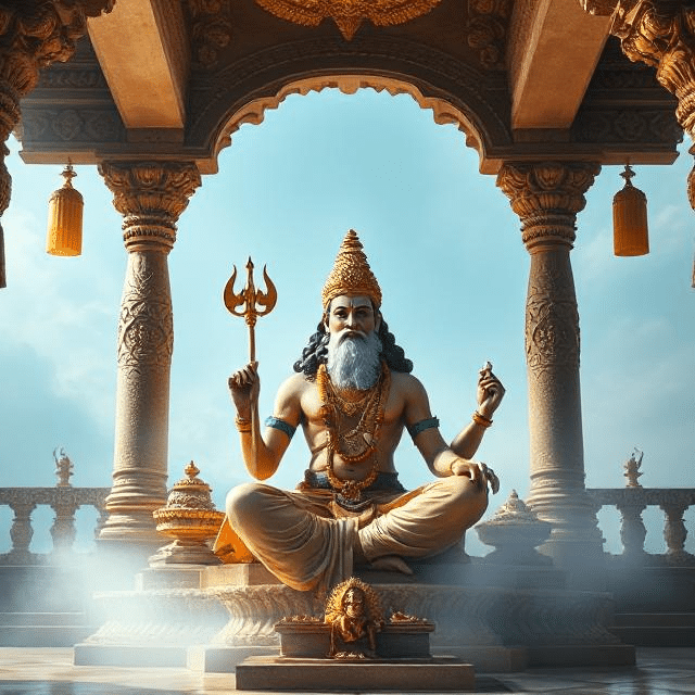 In this photo, Brihaspati Dev is sitting in his asana posture. In which he has a weapon in his hand and divine energy is emanating from his face.