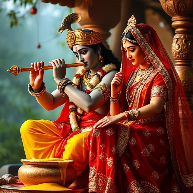 20+ Romantic Radha Krishna Photo- HD Images of Eternal Love 1 "Divine Radha Krishna sitting in a peaceful posture during evening time, with Krishna holding butter (Makhan) in his hand and Radha beside him, radiating eternal love and grace."