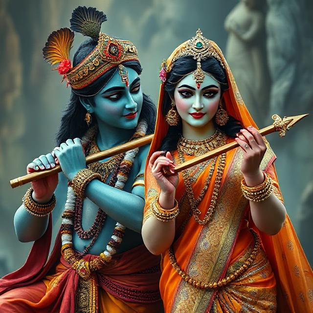 “Charming image of Radha Krishna in traditional clothes, Krishna with flute in hand and Radha gazing at him with pure devotion.”