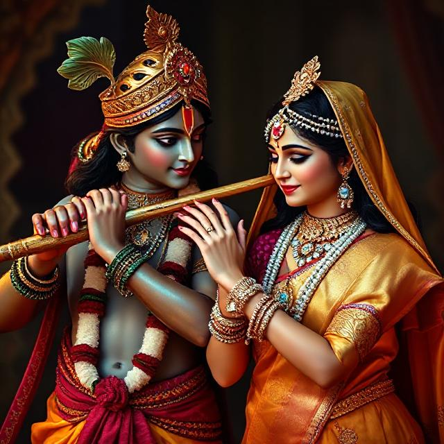 “Divine Radha Krishna HD image showing Krishna playing the flute while Radha stands beside him in a spiritual, peaceful posture.”