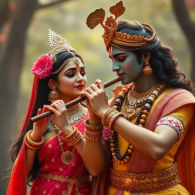 30+ Radha Krishna Photo Love 20 “Radha Krishna in divine attire, standing gracefully with Krishna playing the flute and Radha smiling with love – a serene glimpse of devotion.”