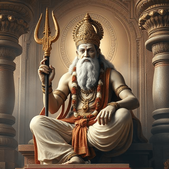 In this photo, Brihaspati Dev is sitting in his asana posture. In which he has a weapon in his hand and divine energy is emanating from his face.