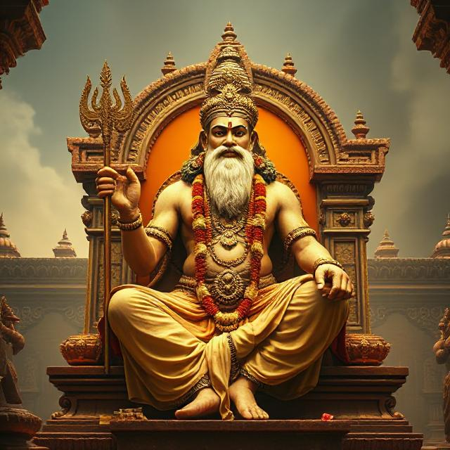 In this photo, Brihaspati Dev is sitting in his asana posture. In which he has a weapon in his hand and divine energy is emanating from his face.