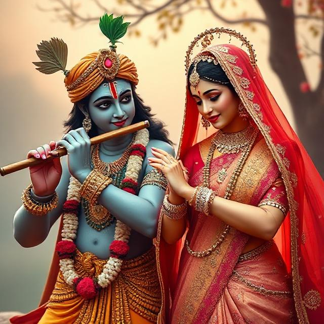 20+ Romantic Radha Krishna Photo- HD Images of Eternal Love 15 “Beautiful Radha Krishna standing together with divine expressions, Krishna holding a flute and Radha beside him in a graceful pose – a perfect glimpse of eternal love.”
