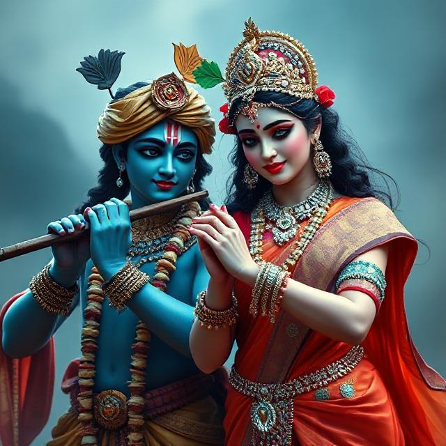 “Beautiful Radha Krishna standing together with divine expressions, Krishna holding a flute and Radha beside him in a graceful pose – a perfect glimpse of eternal love.”