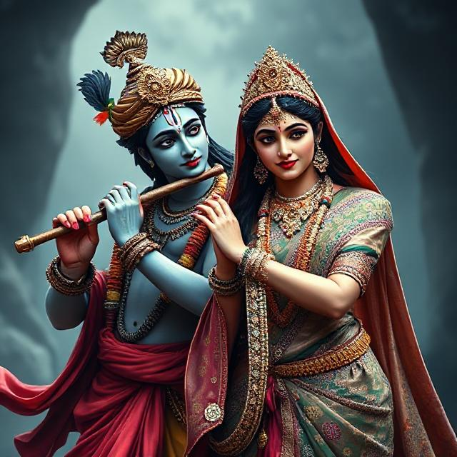 “Charming image of Radha Krishna in traditional clothes, Krishna with flute in hand and Radha gazing at him with pure devotion.”