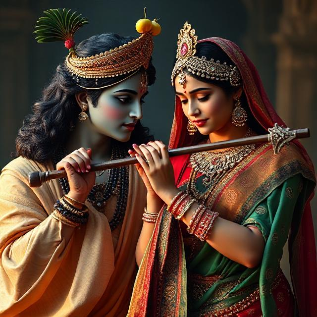 30+ Radha Krishna Photo Love 6 “Beautiful Radha Krishna standing together with divine expressions, Krishna holding a flute and Radha beside him in a graceful pose – a perfect glimpse of eternal love.”