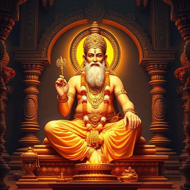 In this photo, Brihaspati Dev is sitting in his asana posture. In which he has a weapon in his hand and divine energy is emanating from his face.