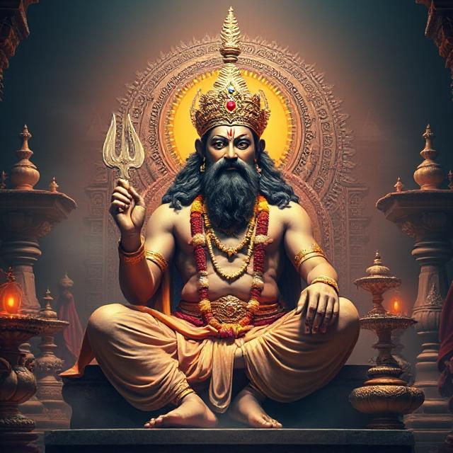 In this photo, Brihaspati Dev is sitting in his asana posture. In which he has a weapon in his hand and divine energy is emanating from his face.