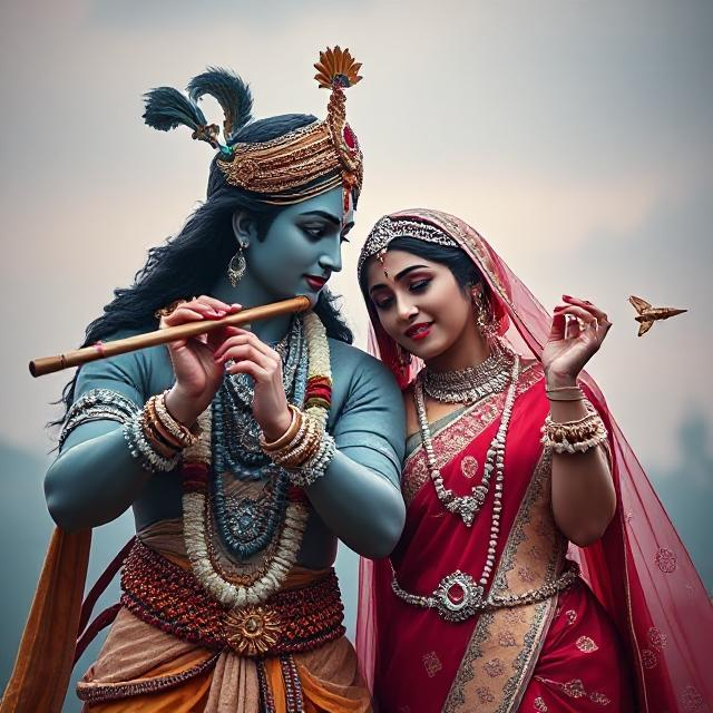 20+ Romantic Radha Krishna Photo- HD Images of Eternal Love 6 “Beautiful Radha Krishna standing together with divine expressions, Krishna holding a flute and Radha beside him in a graceful pose – a perfect glimpse of eternal love.”
