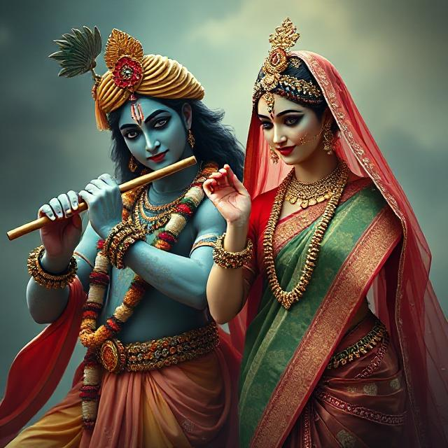 “Beautiful Radha Krishna standing together with divine expressions, Krishna holding a flute and Radha beside him in a graceful pose – a perfect glimpse of eternal love.”