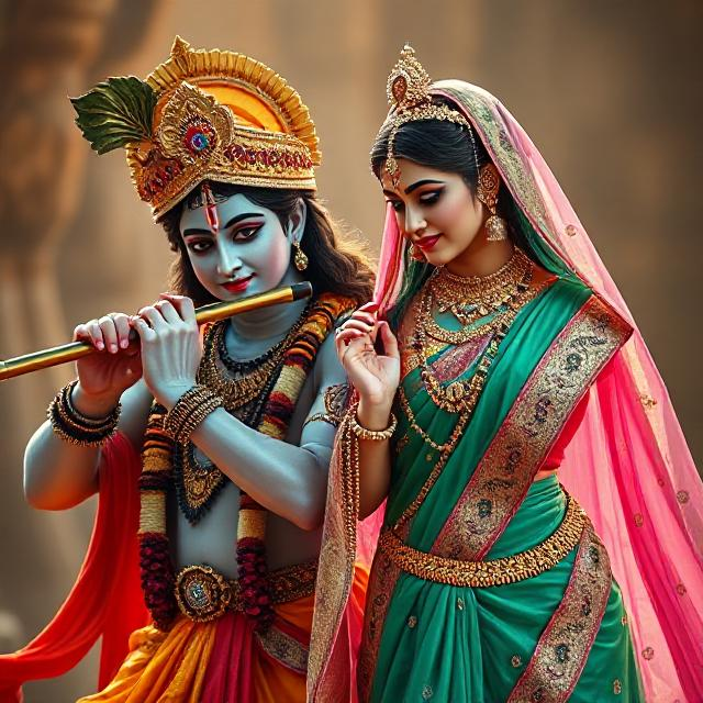 “Charming image of Radha Krishna in traditional clothes, Krishna with flute in hand and Radha gazing at him with pure devotion.”